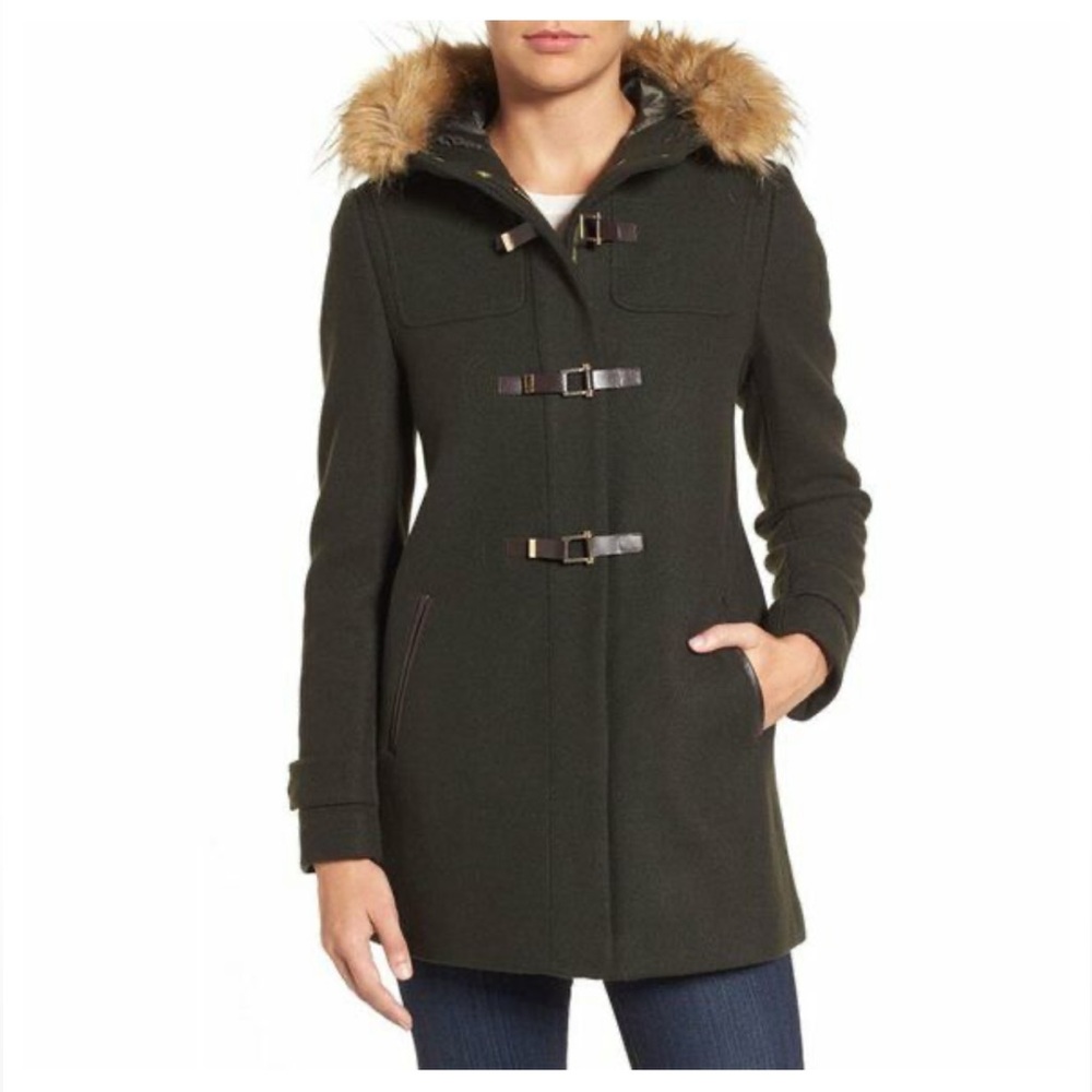 Cole Haan Signature Wool Leather Faux-Fur-Trim Hooded